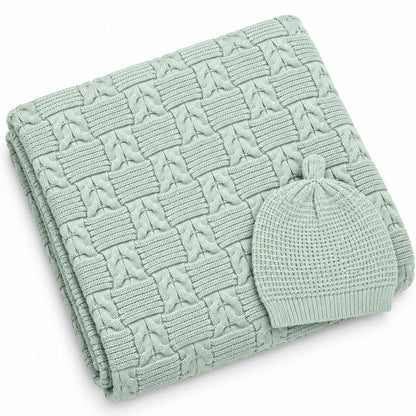 Sage green heavy wool blend cable-knit baby blanket with matching knitted beanie cap by BabyCo Pakistan