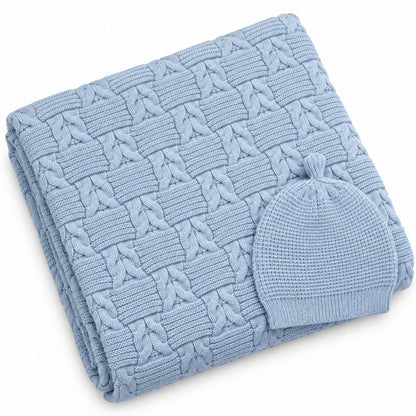 Sky blue heavy wool blend cable-knit baby blanket with matching knitted beanie cap by BabyCo Pakistan