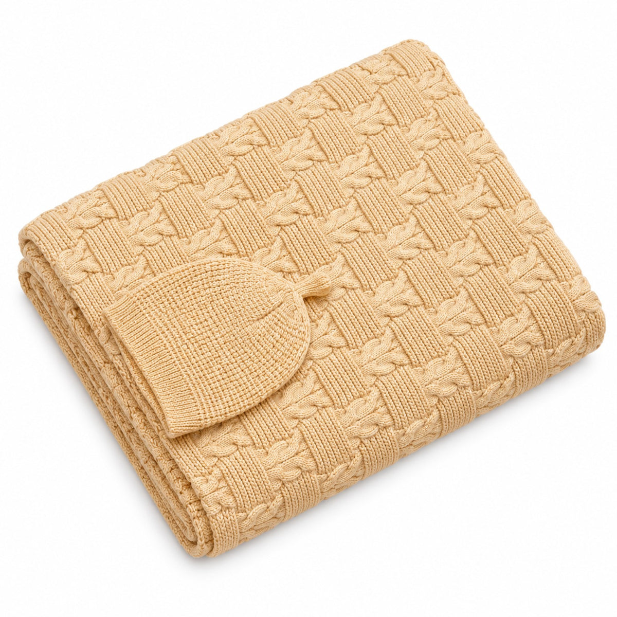 Honey mustard heavy wool blend cable-knit baby blanket with matching knitted beanie cap by BabyCo Pakistan