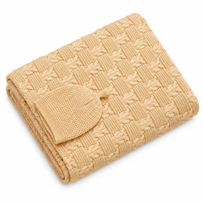 Honey mustard heavy wool blend cable-knit baby blanket with matching knitted beanie cap by BabyCo Pakistan
