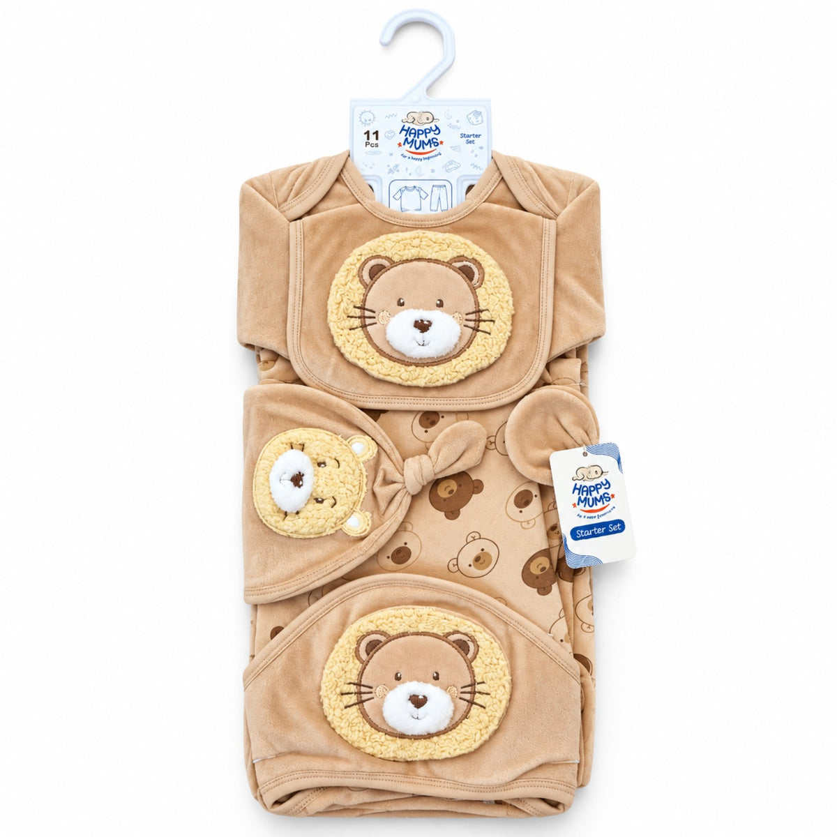 BabyCo camel corduroy 11 piece winter newborn starter set with 3D lion embroidery