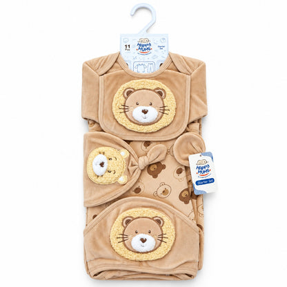 BabyCo camel corduroy 11 piece winter newborn starter set with 3D lion embroidery