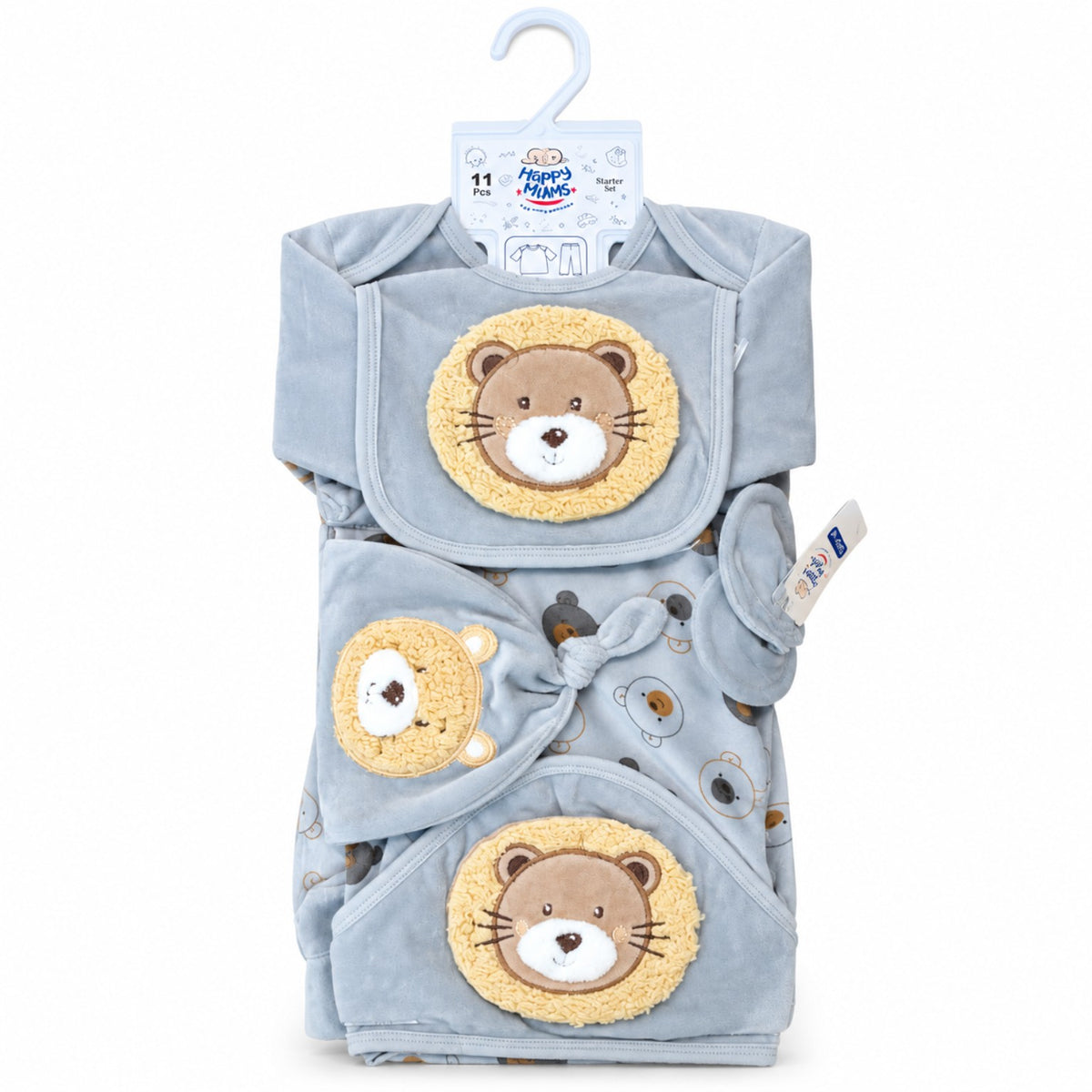 BabyCo slate blue corduroy 11 piece winter newborn starter set with 3D lion embroidery