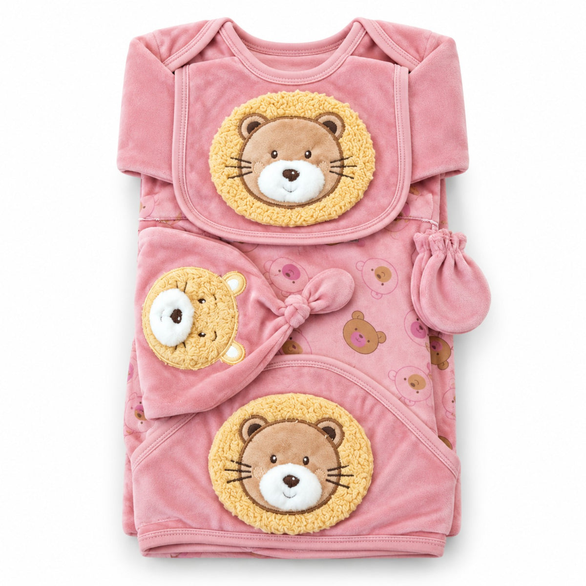 BabyCo dusty pink corduroy 11 piece winter newborn starter set with 3D lion embroidery