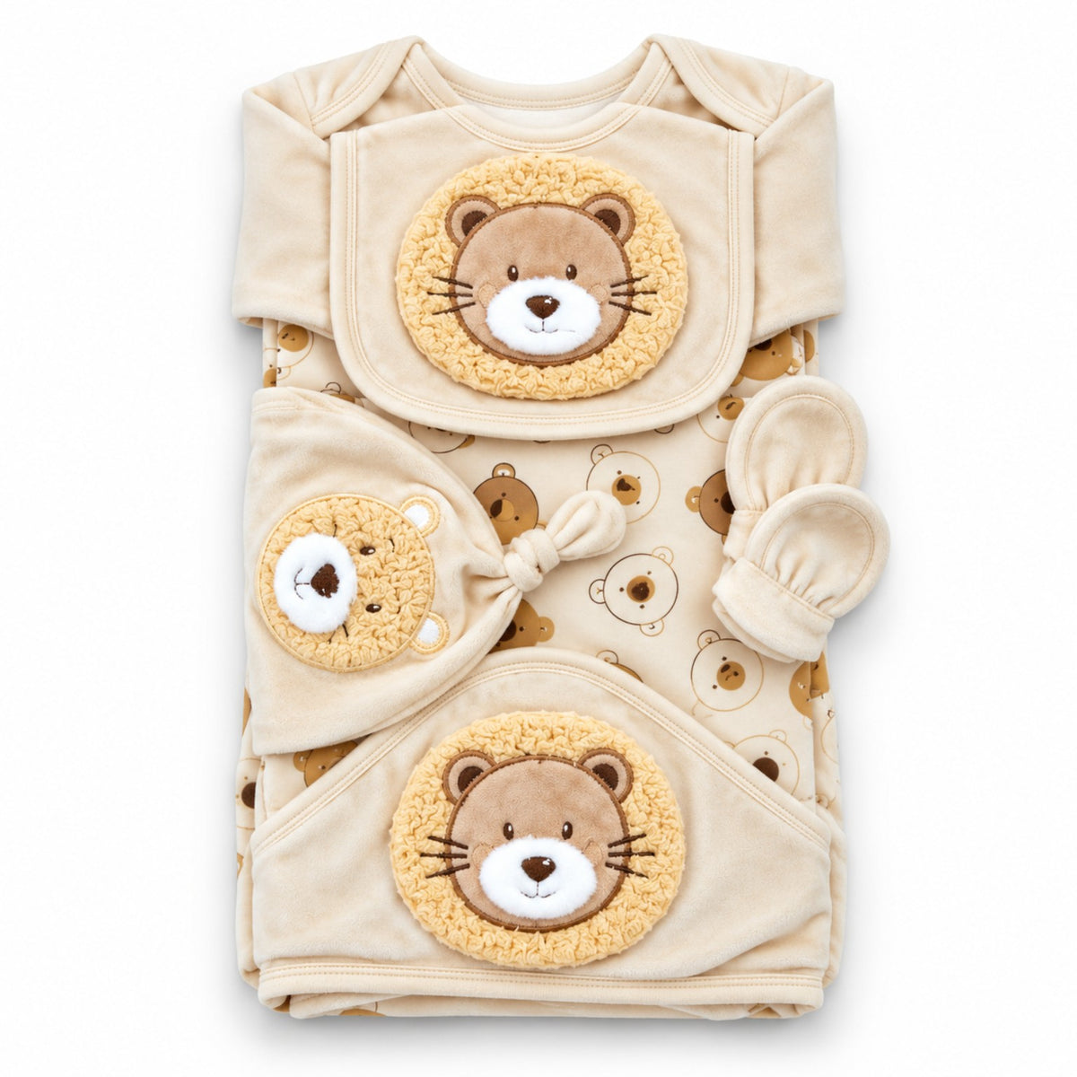 BabyCo cream corduroy 11 piece winter newborn starter set with 3D lion embroidery