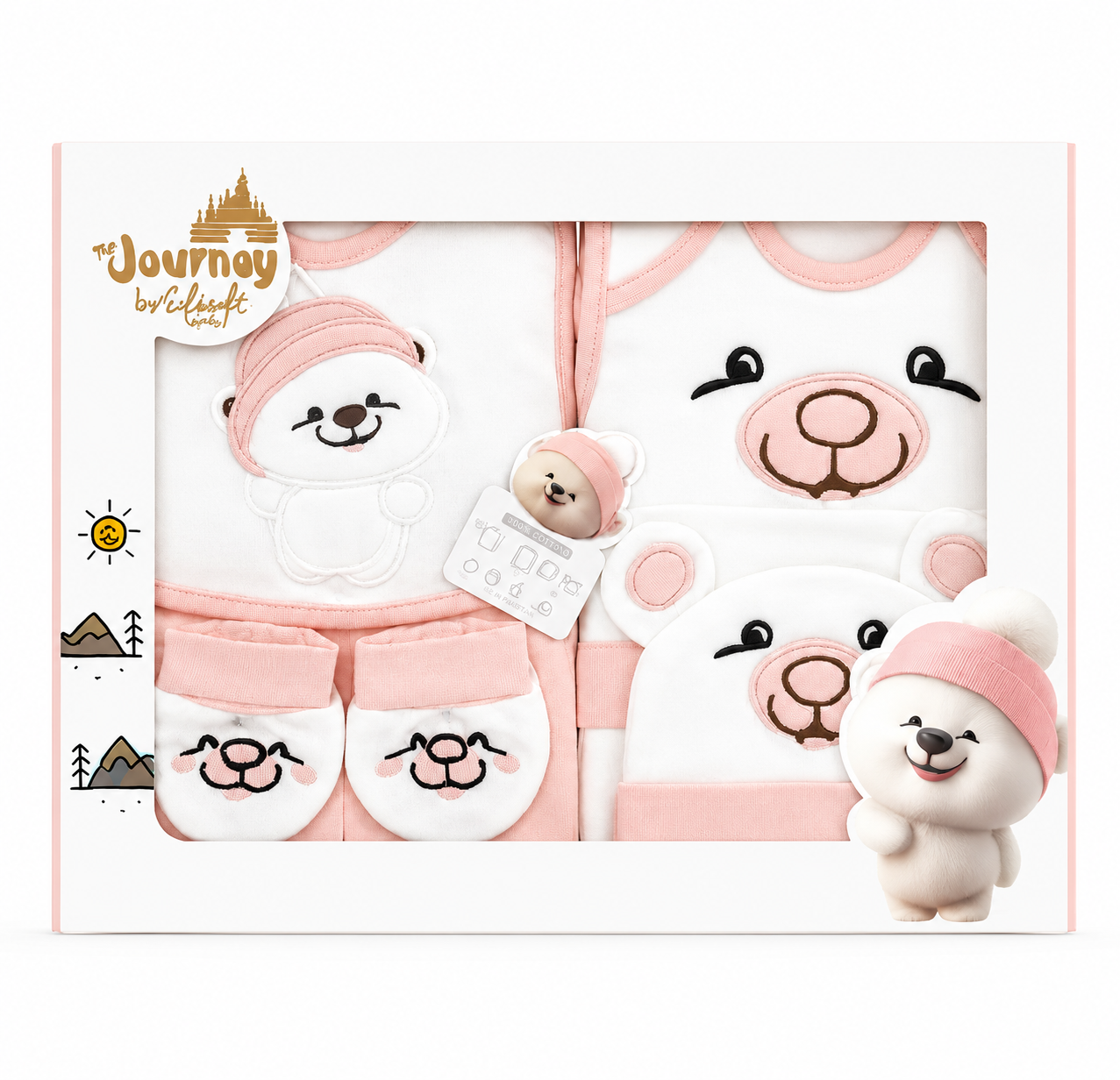 A baby gift set in a white box with a clear window, featuring a white and pink teddy bear-themed clothing set including a onesie, hat, booties, and a small plush toy. The box has 'Journey by Caldecote' branding.