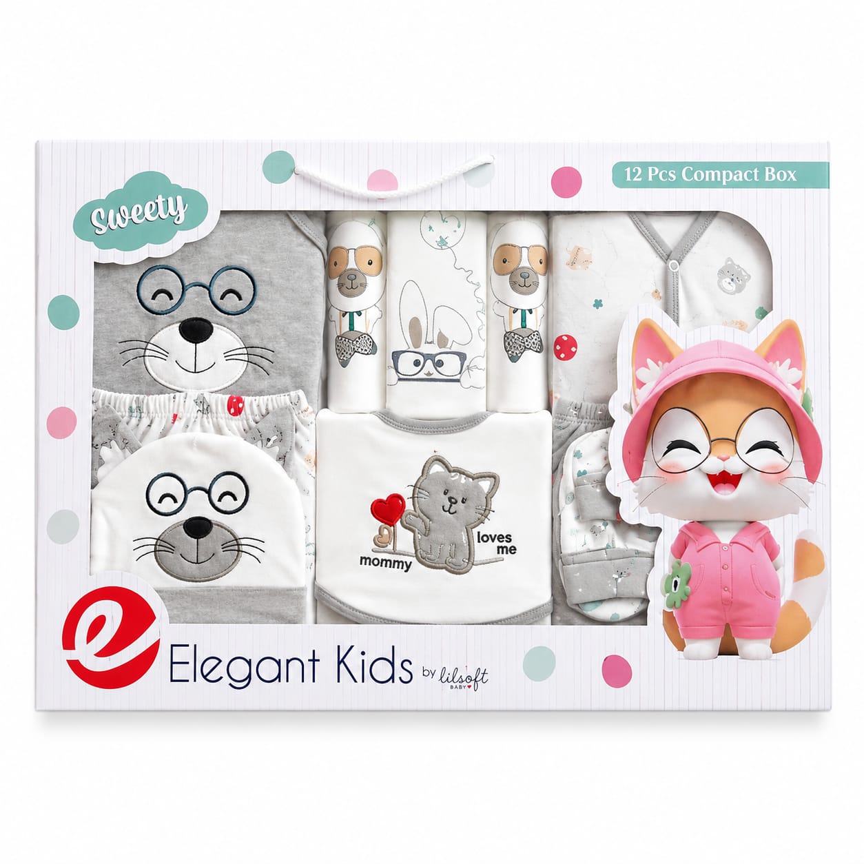 Packaging of 'Elegant Kids' baby products with cartoon characters on a white background