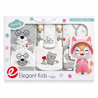 Packaging of 'Elegant Kids' baby products with cartoon characters on a white background