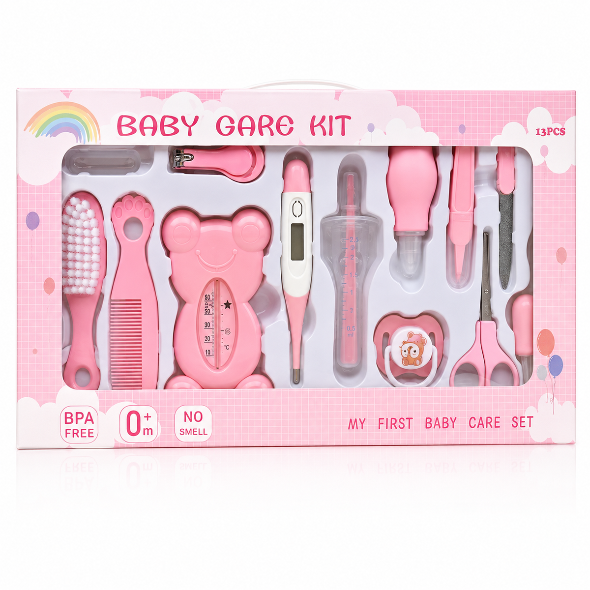 A pink baby care kit in its retail packaging, containing 15 pieces of baby hygiene tools such as a hairbrush, comb, thermometer, nail clipper, and scissors.