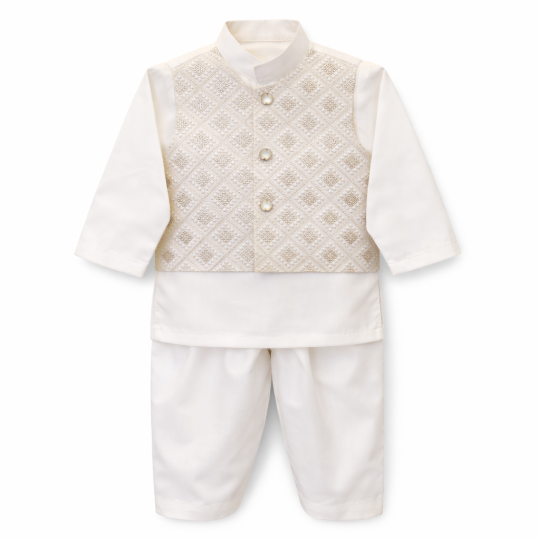 White Premium Festive Kurta Pajama With Waist Coat