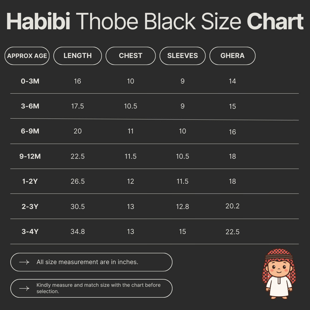 Premium black baby thobe with shemagh size chart