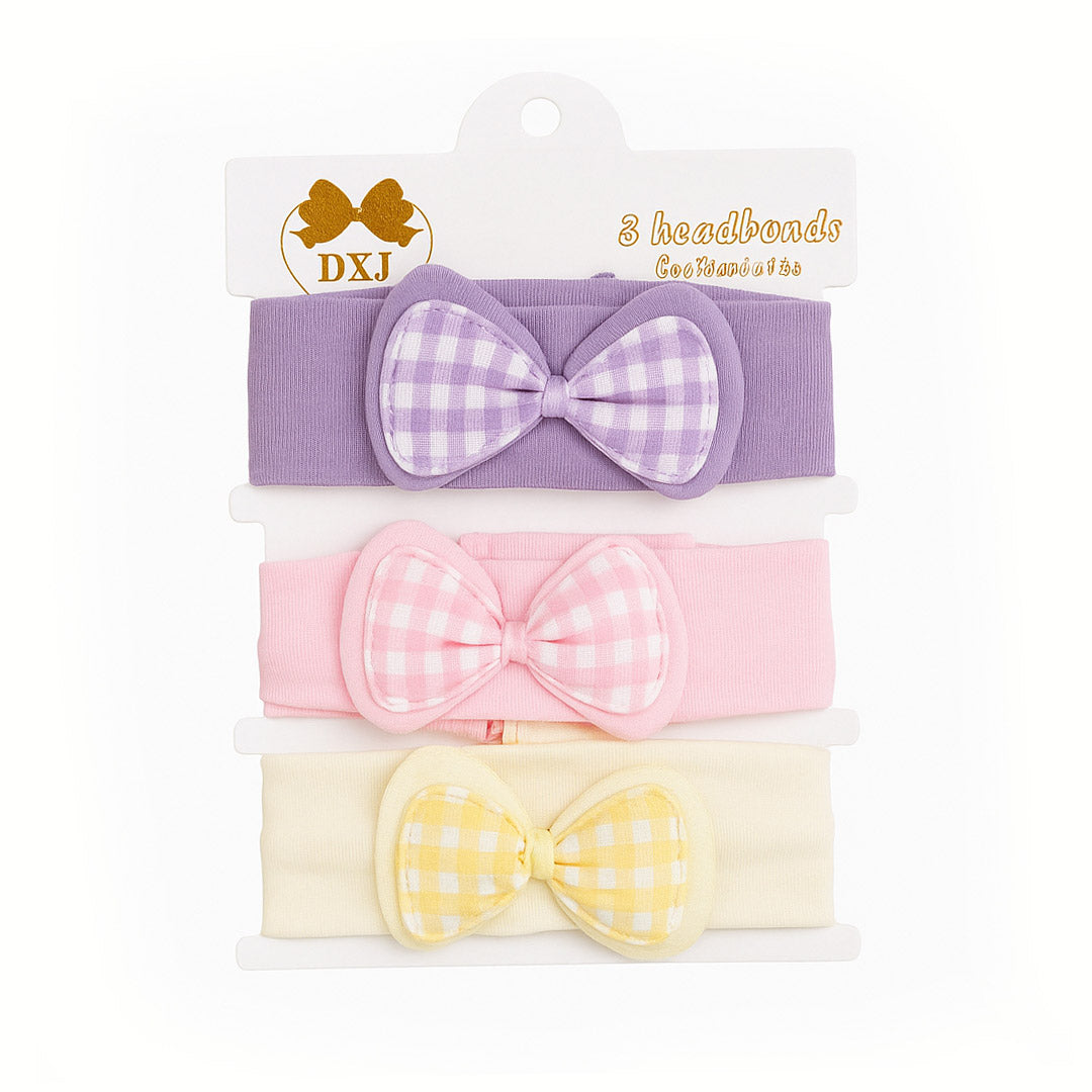 Bow Check Premium Cotton 3 Piece Headband Set