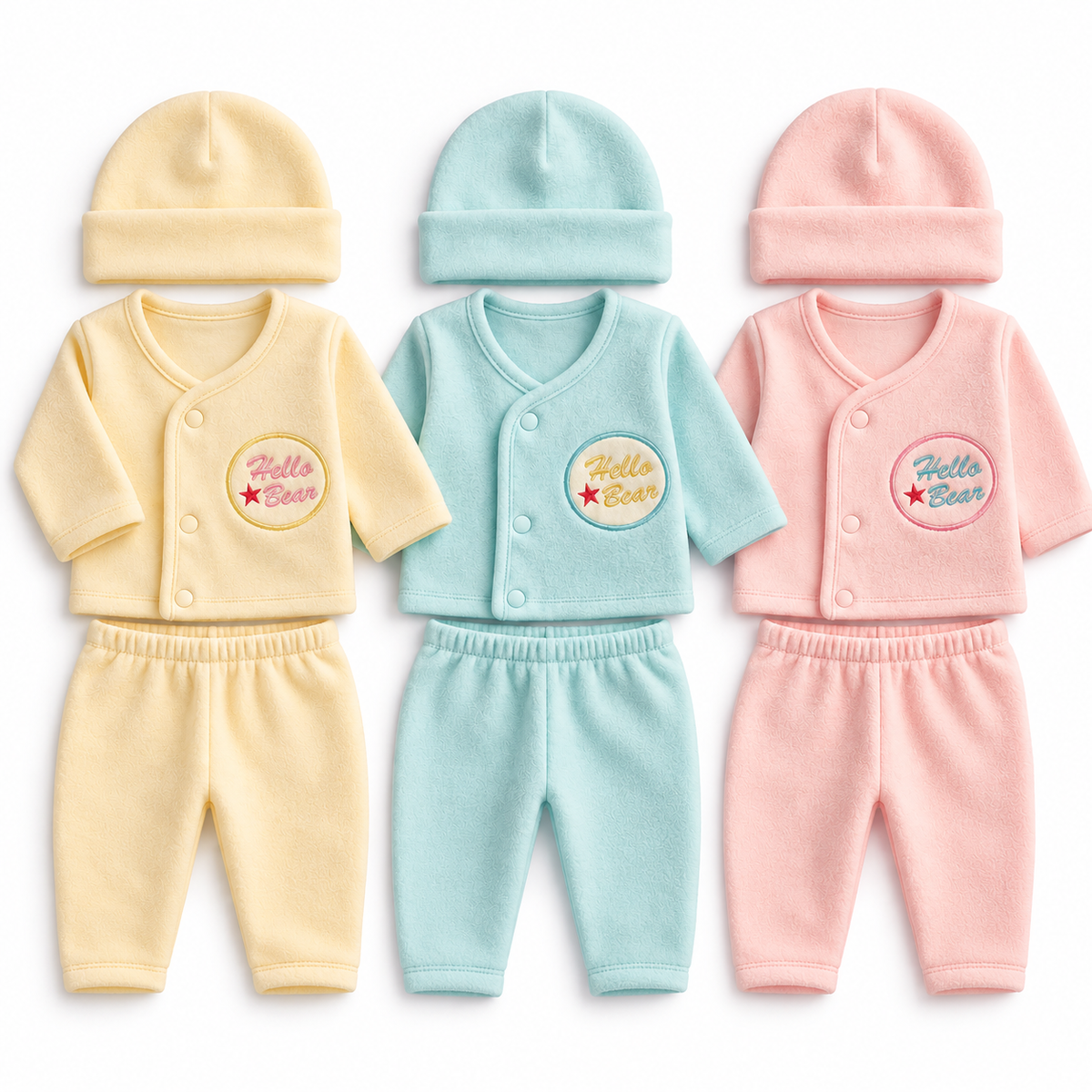 Three baby one-piece outfits laid flat on a white background, each with a matching beanie. The outfits are pale yellow, mint blue, and light pink, with a snap-button front, elastic cuffed legs, and a circular 'Hello Bear' patch on the chest.