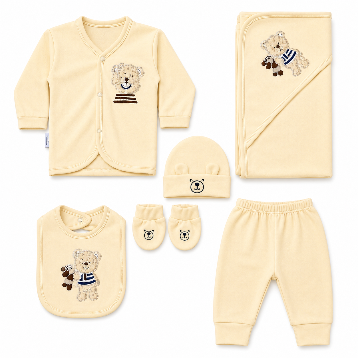 Baby clothing set with yellow outfit, hat, bib, gloves, and pants featuring teddy bear designs on a white background.