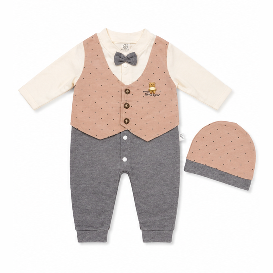 Bear Bow Dots Summer Romper With Cap