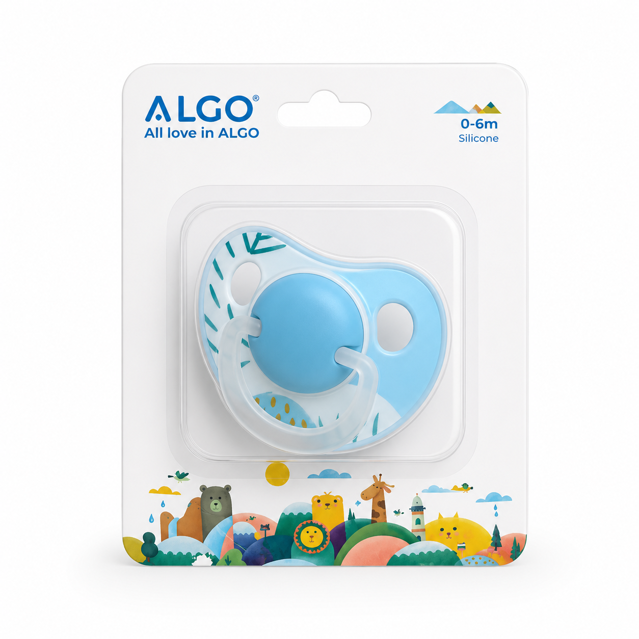 ALGO baby pacifier in its retail packaging, featuring a light blue silicone pacifier with a clear silicone shield and a colorful cartoon animal landscape illustration at the bottom of the card.