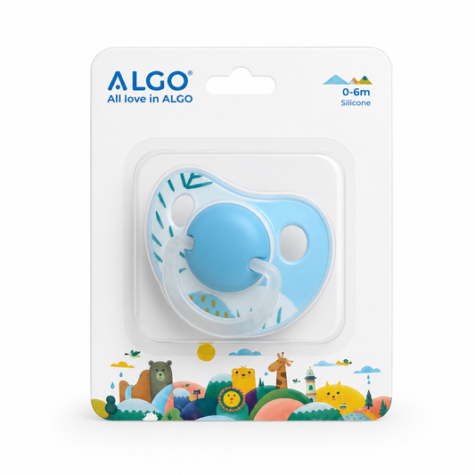 ALGO baby pacifier in its retail packaging, featuring a light blue silicone pacifier with a clear silicone shield and a colorful cartoon animal landscape illustration at the bottom of the card.