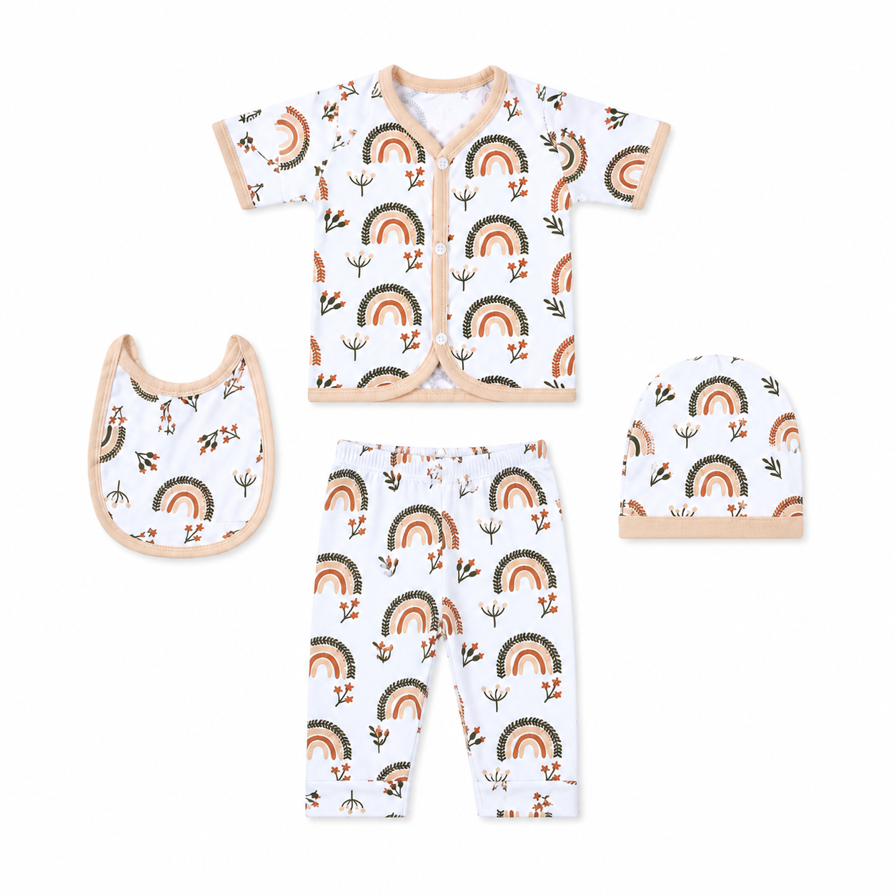 Baby clothing set with top, pants, bib, and hat featuring rainbow pattern on a white background