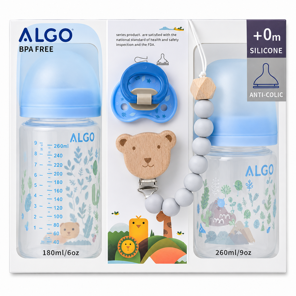 ALGO silicone baby bottle set in a retail box, featuring two bottles with light blue caps and forest-themed prints, a blue pacifier clip, and a wooden bear-shaped silicone chain with white beads.