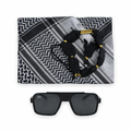 Black sunglasses with a patterned headscarf on a white background