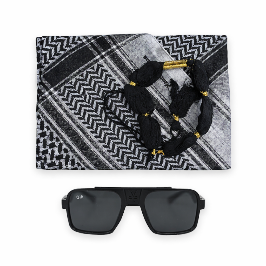 Black sunglasses with a patterned headscarf on a white background