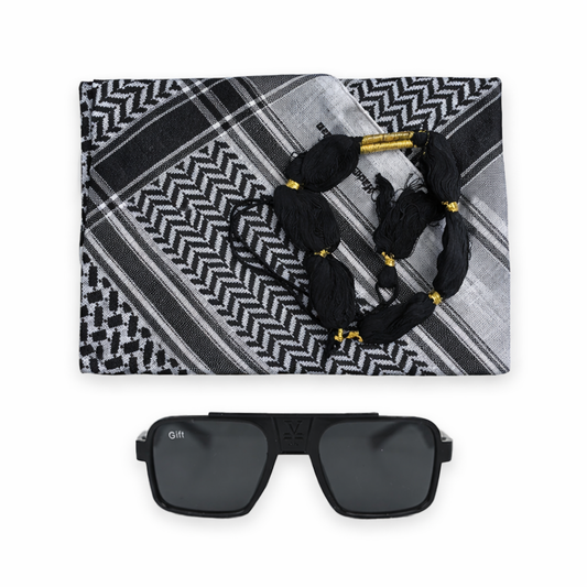 Black sunglasses with a patterned headscarf on a white background