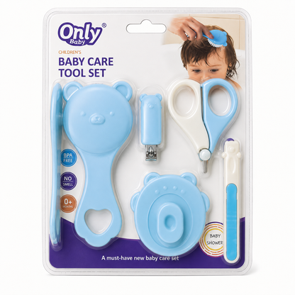 Only Baby Children's Baby Care Tool Set in its original blister packaging, featuring a light blue bear-shaped baby shampoo brush, nail clipper, scissors, and a baby shower spoon.