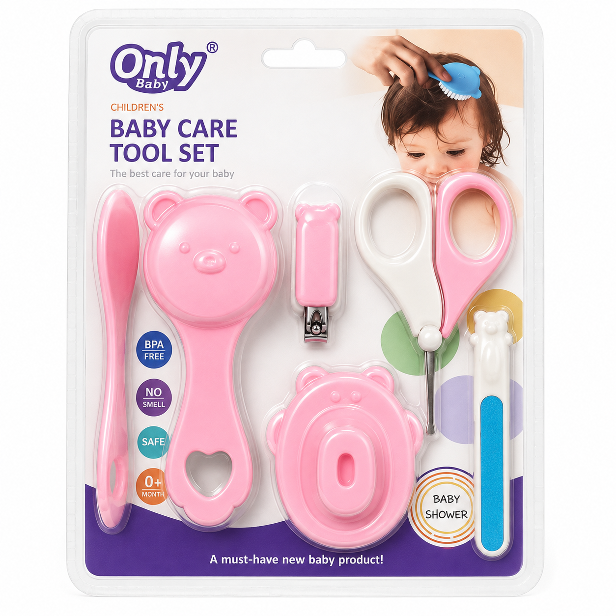 Only Baby Children's Baby Care Tool Set in its original blister packaging. The set includes a pink bear-shaped baby tooth holder, a pink spoon, pink nail clippers, pink scissors, a white and blue baby shower wand, and a pink silicone ear cleaner.