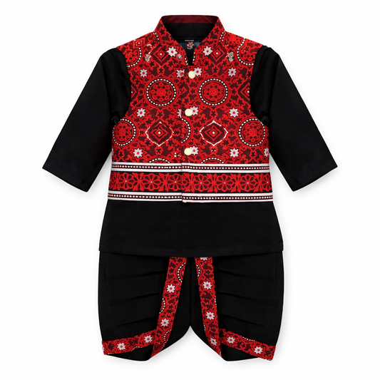 Baby dhoti kurta with red Sindhi Ajrak waistcoat by BabyCo