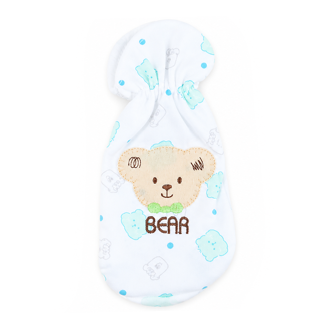 Baby feeder cover with bear design and text on a white background