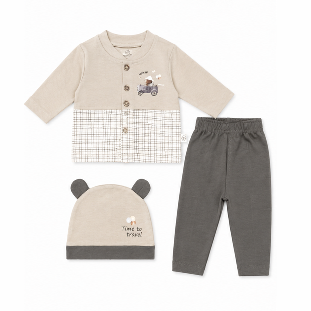 Baby outfit set with shirt, pants, and hat on a white background