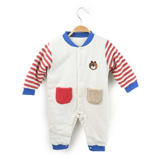 Bear White Red Stripes Premium Quilted Romper