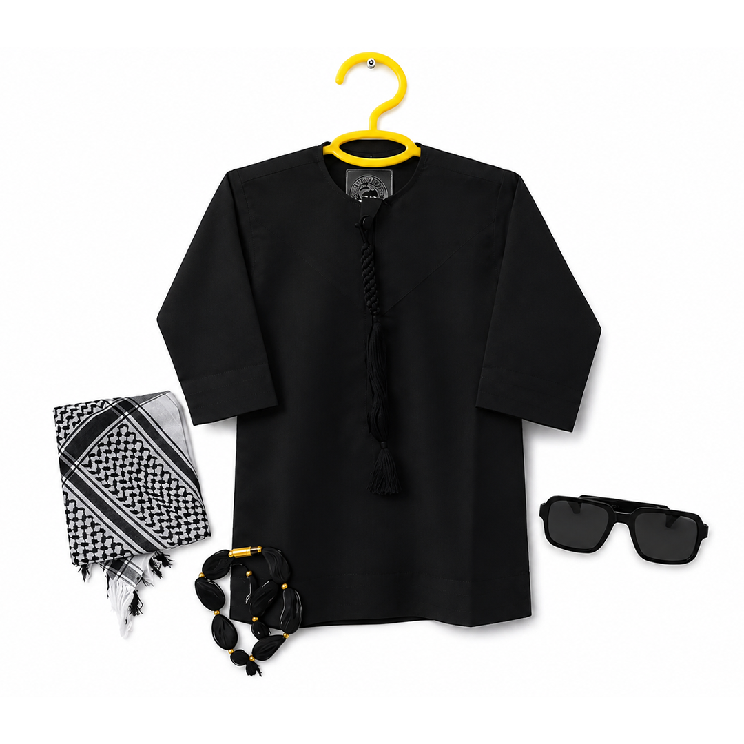 Black outfit with a yellow hanger, black and white checkered scarf, black sunglasses, and black accessories on a white background.