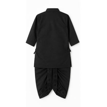 Back view of black dhoti kurta and waistcoat set