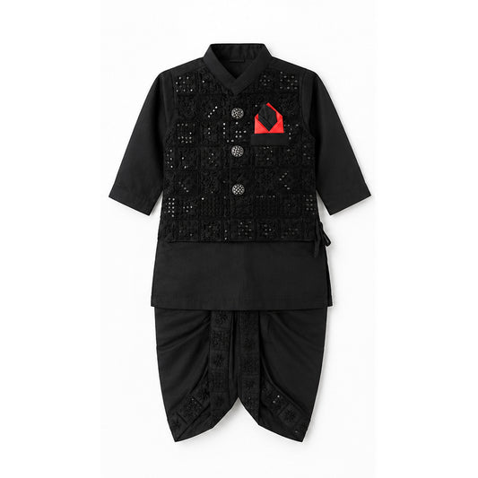 A baby boy's traditional outfit consisting of a black embroidered kurta with a red accent on the chest, paired with matching black dhoti pants, displayed on a clean white background.
