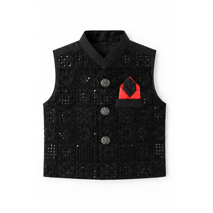 A black embroidered jacket vest with silver embellishments, featuring a red and black pocket square in the chest pocket, displayed on a solid white background.