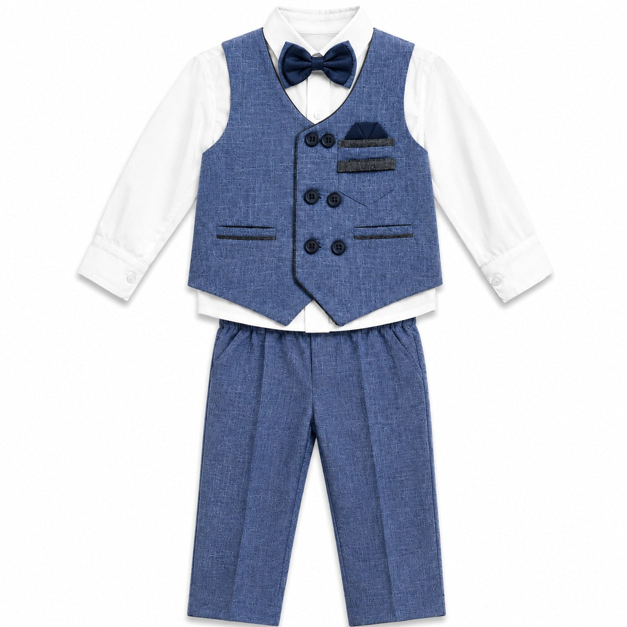 A three-piece boys' formal outfit set including a textured blue vest, matching blue trousers, and a matching blue bow tie, styled over a white long-sleeve shirt on a white background.