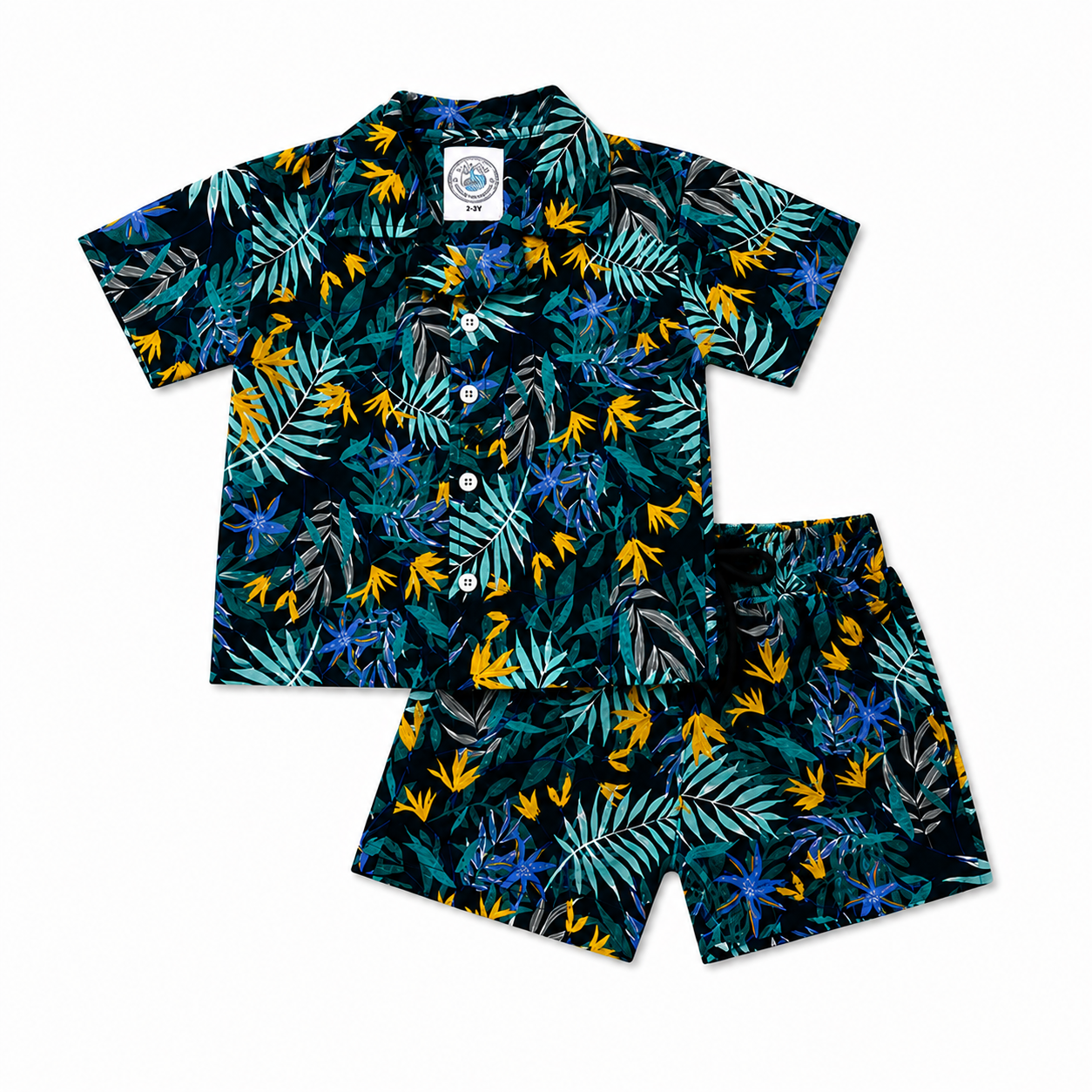 A two-piece kids' short-sleeve button-up shirt and shorts set with a vibrant tropical leaf print.