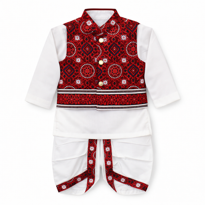 Premium Traditional Style Dhoti Kurta with Red Sindhi/Ajrak Waistcoat With Glasses