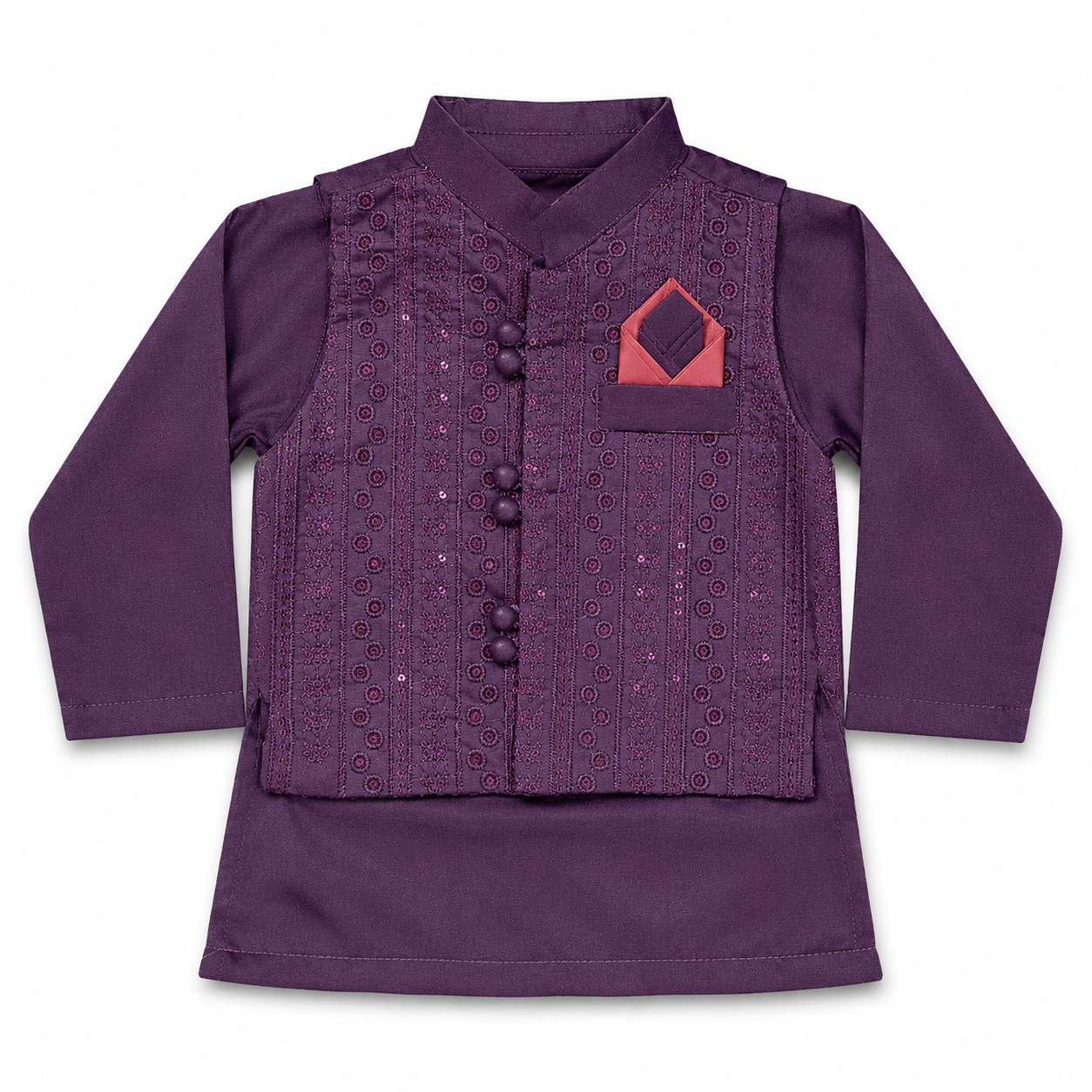 Multicolor 4-8 Months Embroided Kurta Pajama With Waist Coat