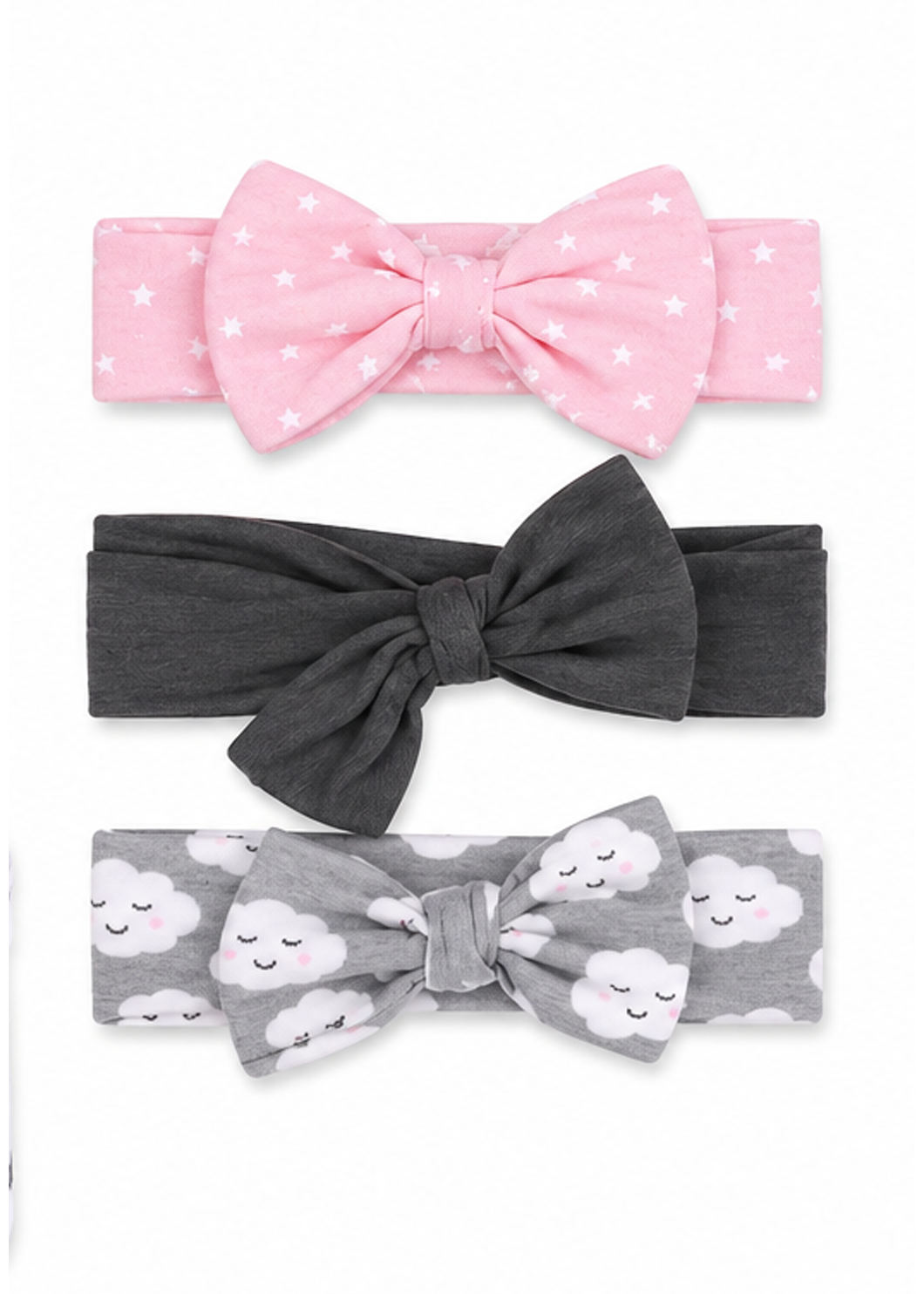 Three baby headbands with bow details, displayed vertically on a white background. The top headband is light pink with white star patterns.