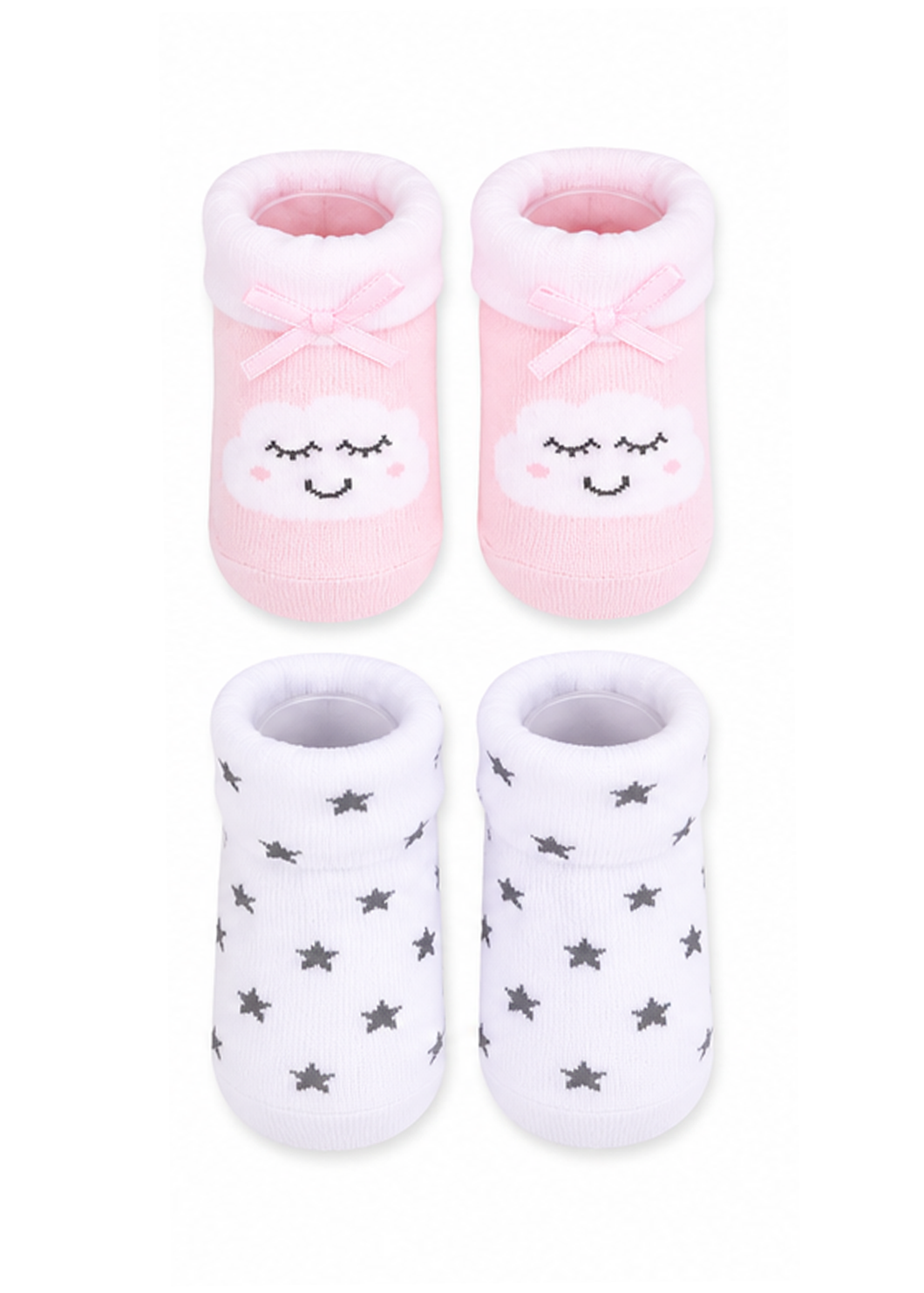 Four baby booties arranged in a 2x2 grid on a white background. The top pair is light pink with a white cloud face and a pink bow at the cuff.