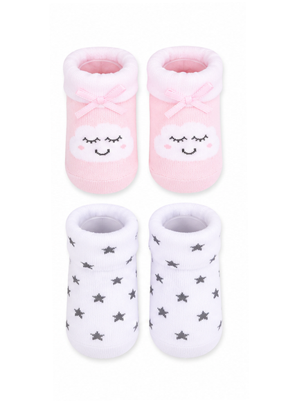 Four baby booties arranged in a 2x2 grid on a white background. The top pair is light pink with a white cloud face and a pink bow at the cuff.