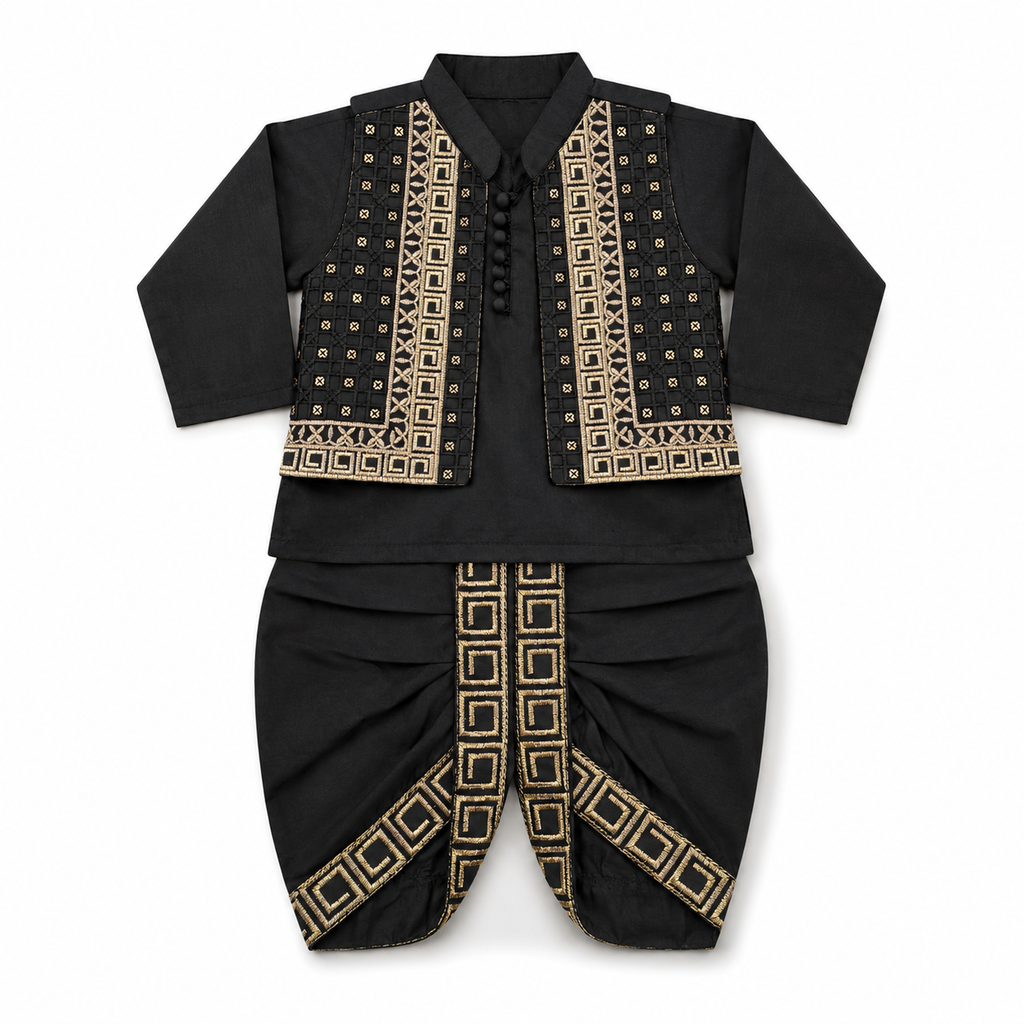 A black traditional 3-piece dhoti kurta for infants, featuring a long-sleeve collared top with gold geometric embroidery and matching black pants with gold patterned trim, displayed flat against a white background.
