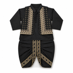 A black traditional 3-piece dhoti kurta for infants, featuring a long-sleeve collared top with gold geometric embroidery and matching black pants with gold patterned trim, displayed flat against a white background.