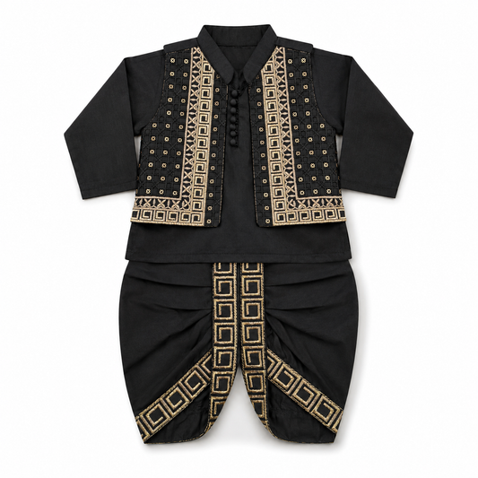 A black traditional 3-piece dhoti kurta for infants, featuring a long-sleeve collared top with gold geometric embroidery and matching black pants with gold patterned trim, displayed flat against a white background.