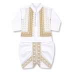 A traditional three-piece baby outfit set in white, featuring a long-sleeve shirt, a decorative embroidered vest, and matching pants with gold geometric patterns, shown on a plain white background.
