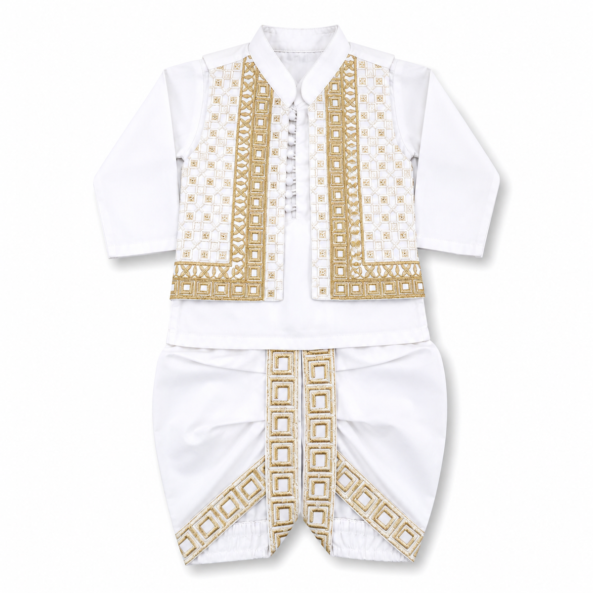 A traditional three-piece baby outfit set in white, featuring a long-sleeve shirt, a decorative embroidered vest, and matching pants with gold geometric patterns, shown on a plain white background.