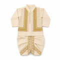 A traditional Indian outfit set consisting of a cream-colored long-sleeve kurta with gold geometric embroidery and matching cream-colored dhoti pants, laid flat on a white background.