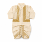A traditional Indian outfit set consisting of a cream-colored long-sleeve kurta with gold geometric embroidery and matching cream-colored dhoti pants, laid flat on a white background.